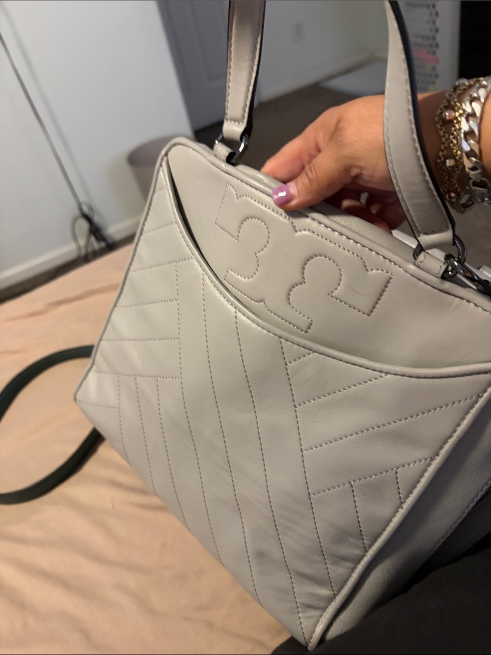 Tory Burch Light Gray Quilted Leather Top-Handle Crossbody